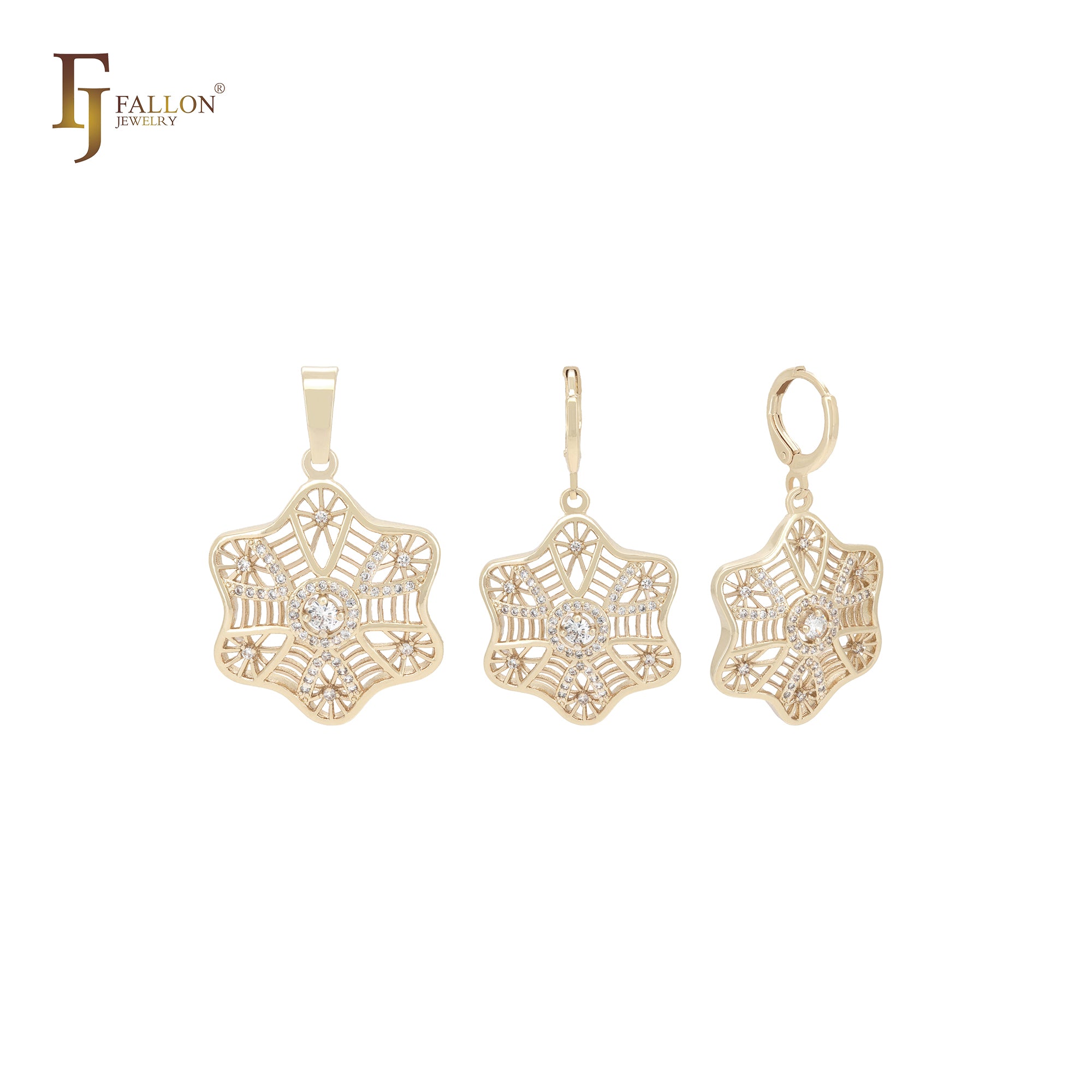 Kleidoscope white CZs hexagon star flake 14K Gold Jewelry Set with Pendant