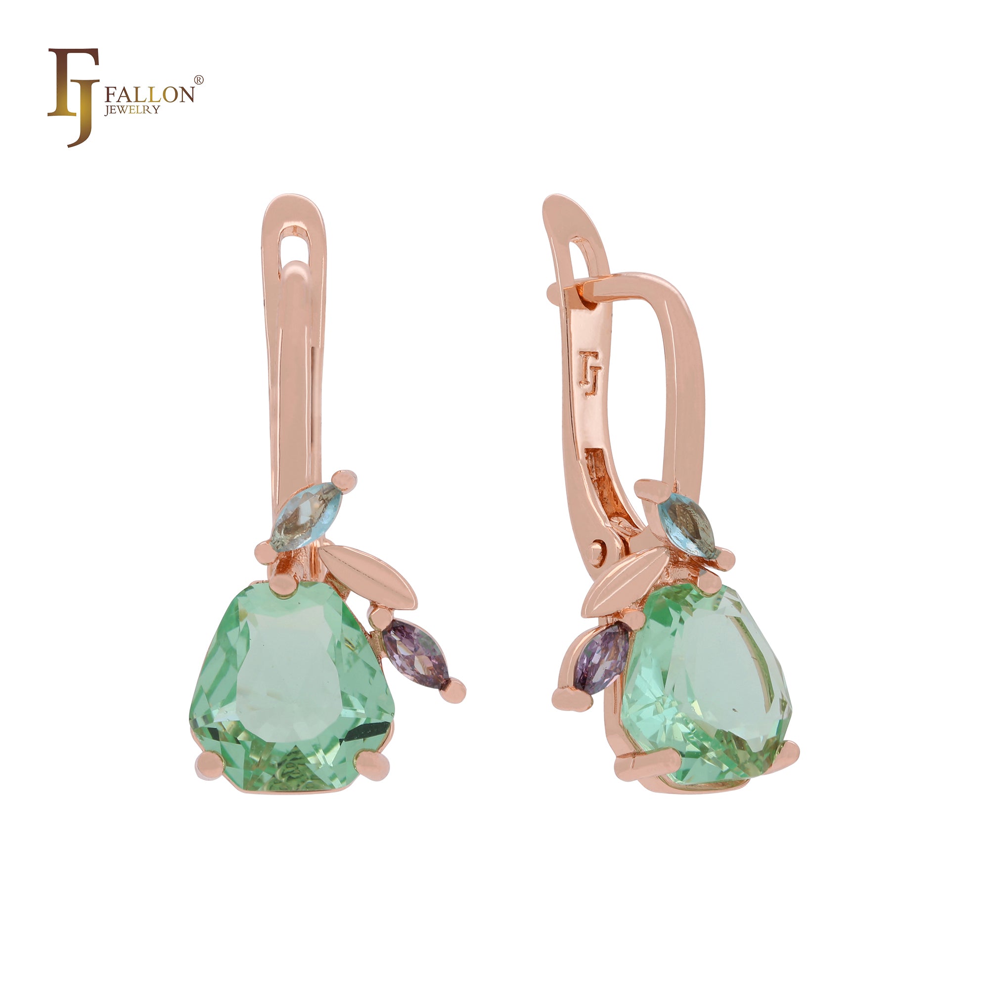 Cluster fruitful leaves colorful CZs Apple green Rose Gold Clip-On Earrings