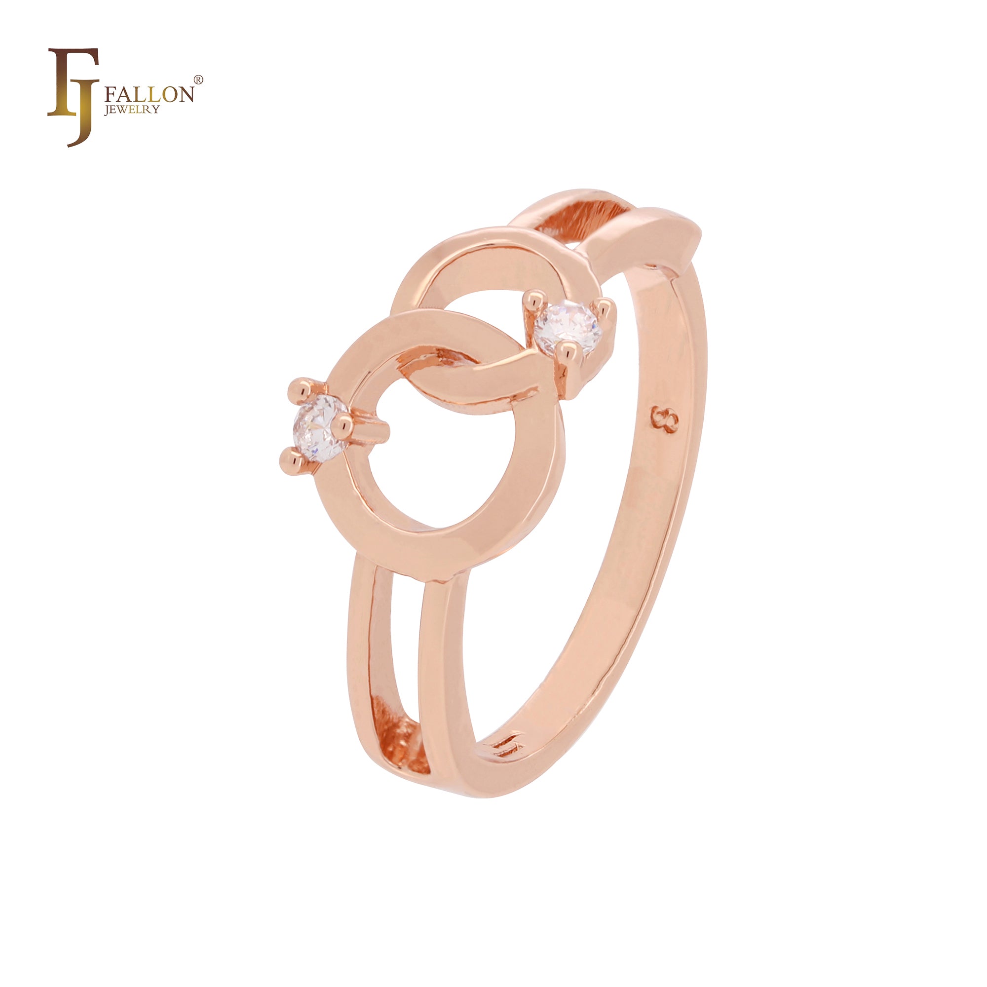 Double interlocking circles with white CZs geometric Rose Gold Fashion Rings