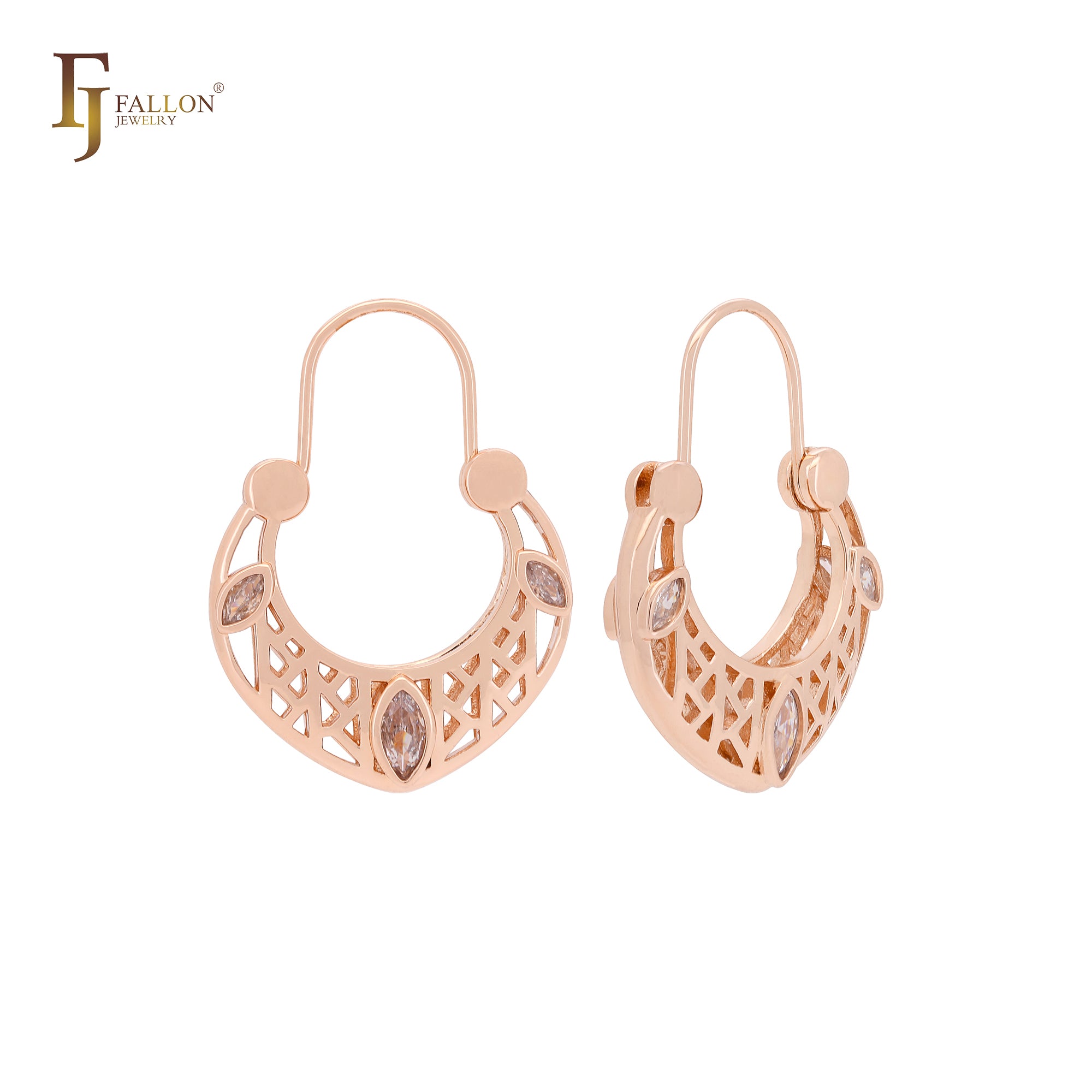 Basket of filigree mixed Marquise white CZs Rose Gold Wire Hook Earrings