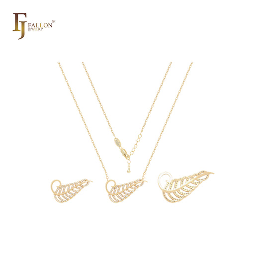 Feather leaves of white CZs 14K Gold Necklace