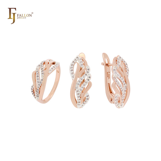 Phoenix feather of paved white CZs Rose Gold two tone Jewelry Set with Rings