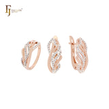 Phoenix feather of paved white CZs Rose Gold two tone Jewelry Set with Rings