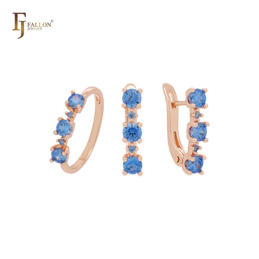 Triple rounded Deep Ocean Blue CZs Rose Gold Jewelry Set with Rings