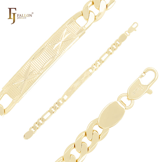 Slashes textured Figaro link 14K Gold Men's ID Bracelets