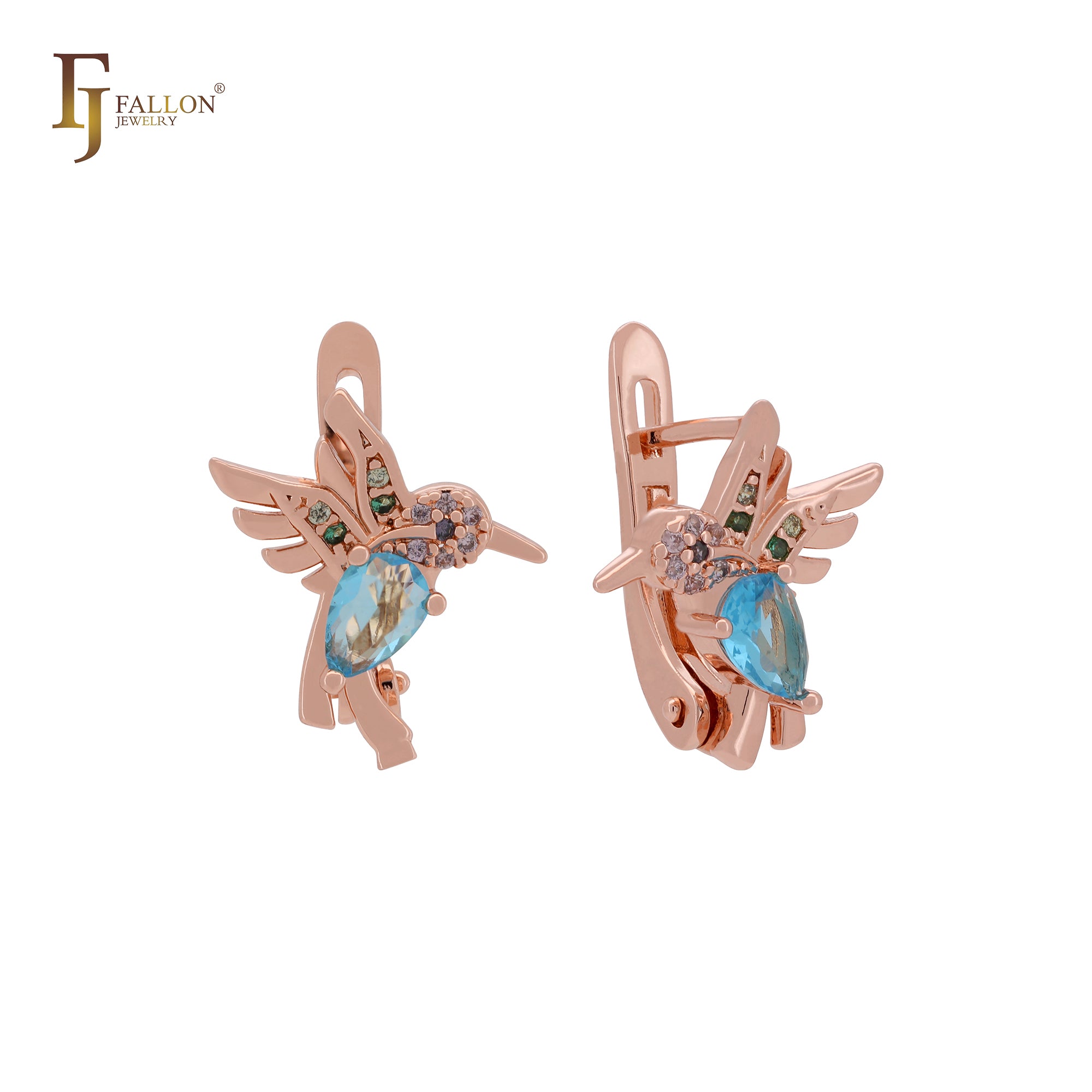 Hummingbird with lake blue CZ Rose Gold Child Earrings