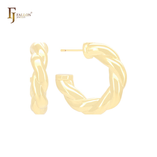 Spinning twisted wide rope shape textured C Hoop 14K Gold, Rose Gold, White Gold Stud Earrings