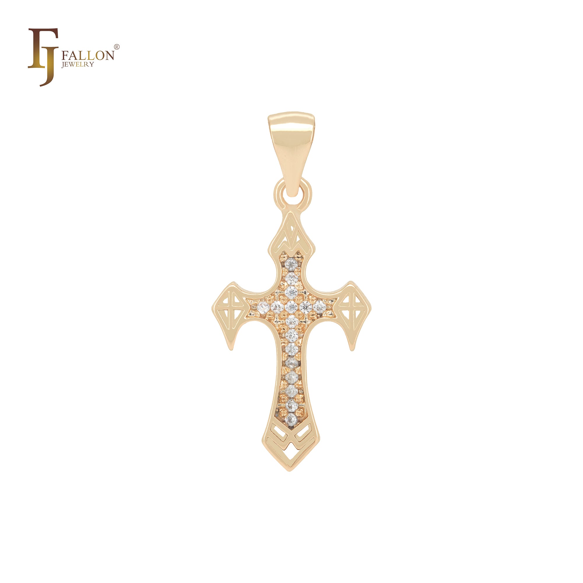 Pointed arrow shaped cluster white CZs 14K Gold Cross Pendant