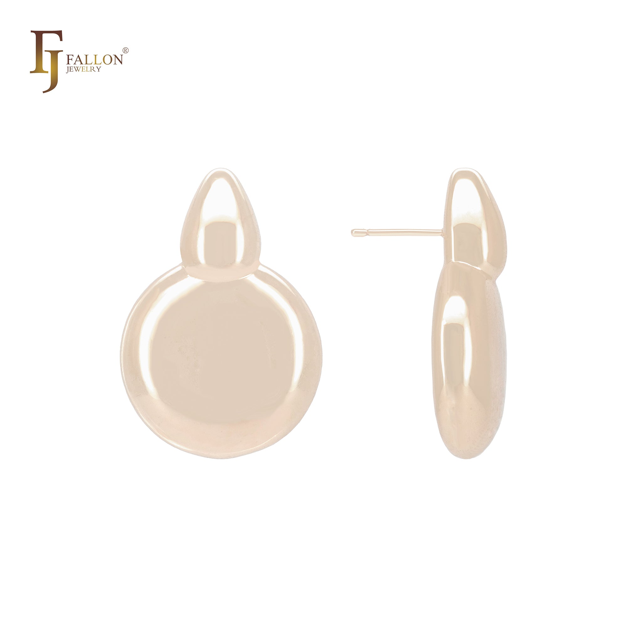 Glossy rounded disc with pointed tip shaped 14K Gold, Rose Gold, White Gold Stud Earrings