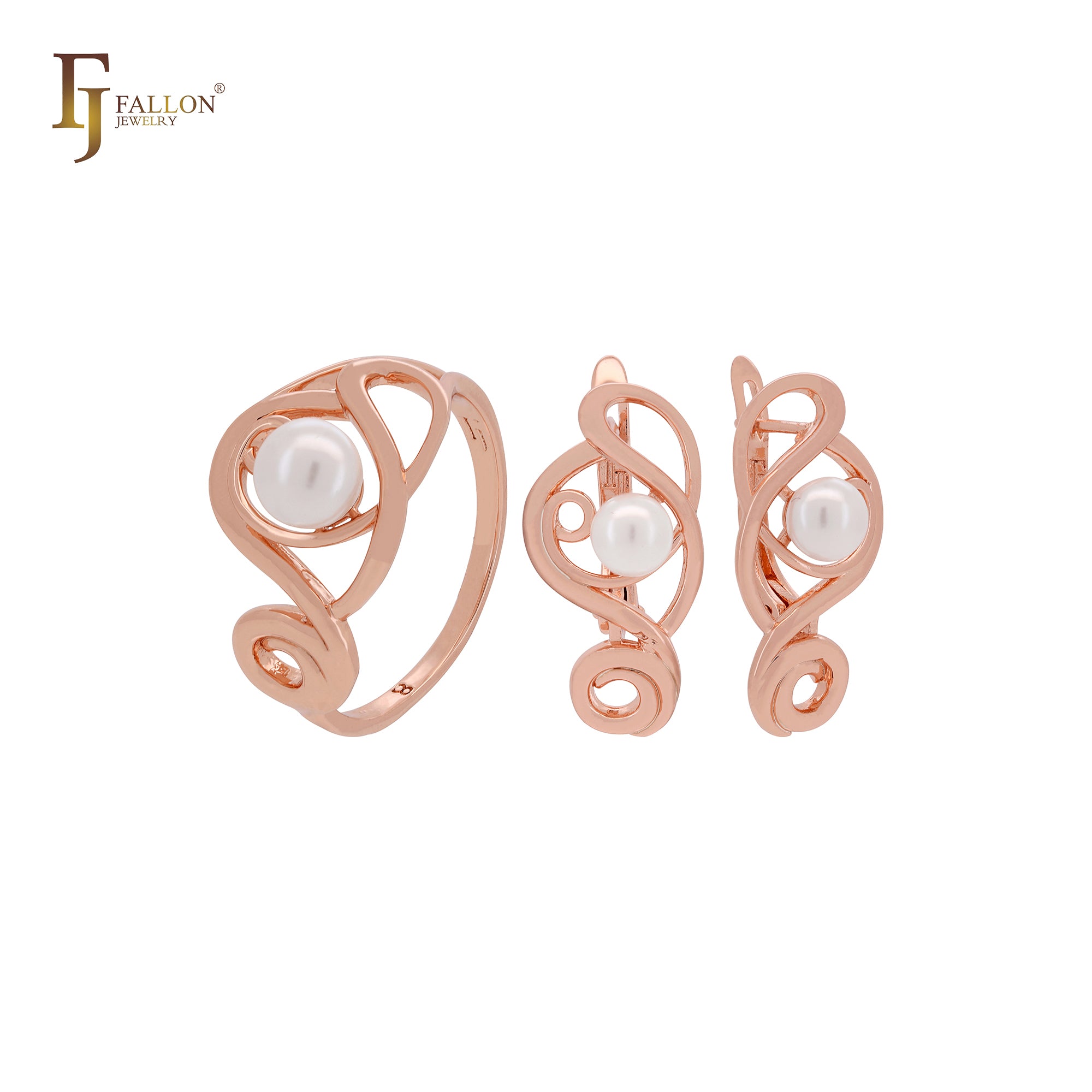 Interlocking curved wire pearl Rose Gold Jewelry Set with Rings