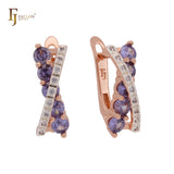 Crossing bands of paved white and purple CZs Rose Gold two tone Clip-On Earrings