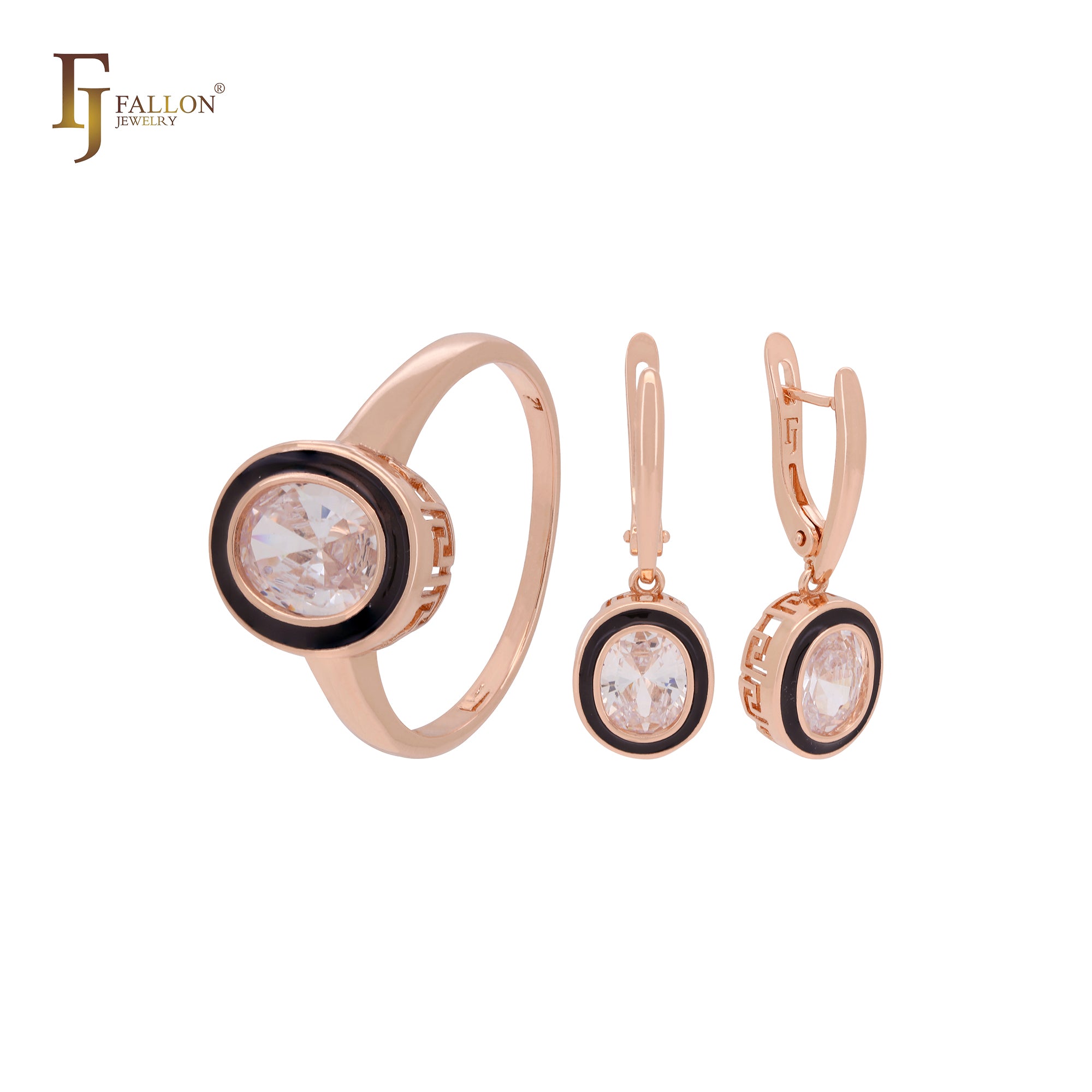 Oval solitaire white CZs black circled Rose Gold Jewelry Set with Rings