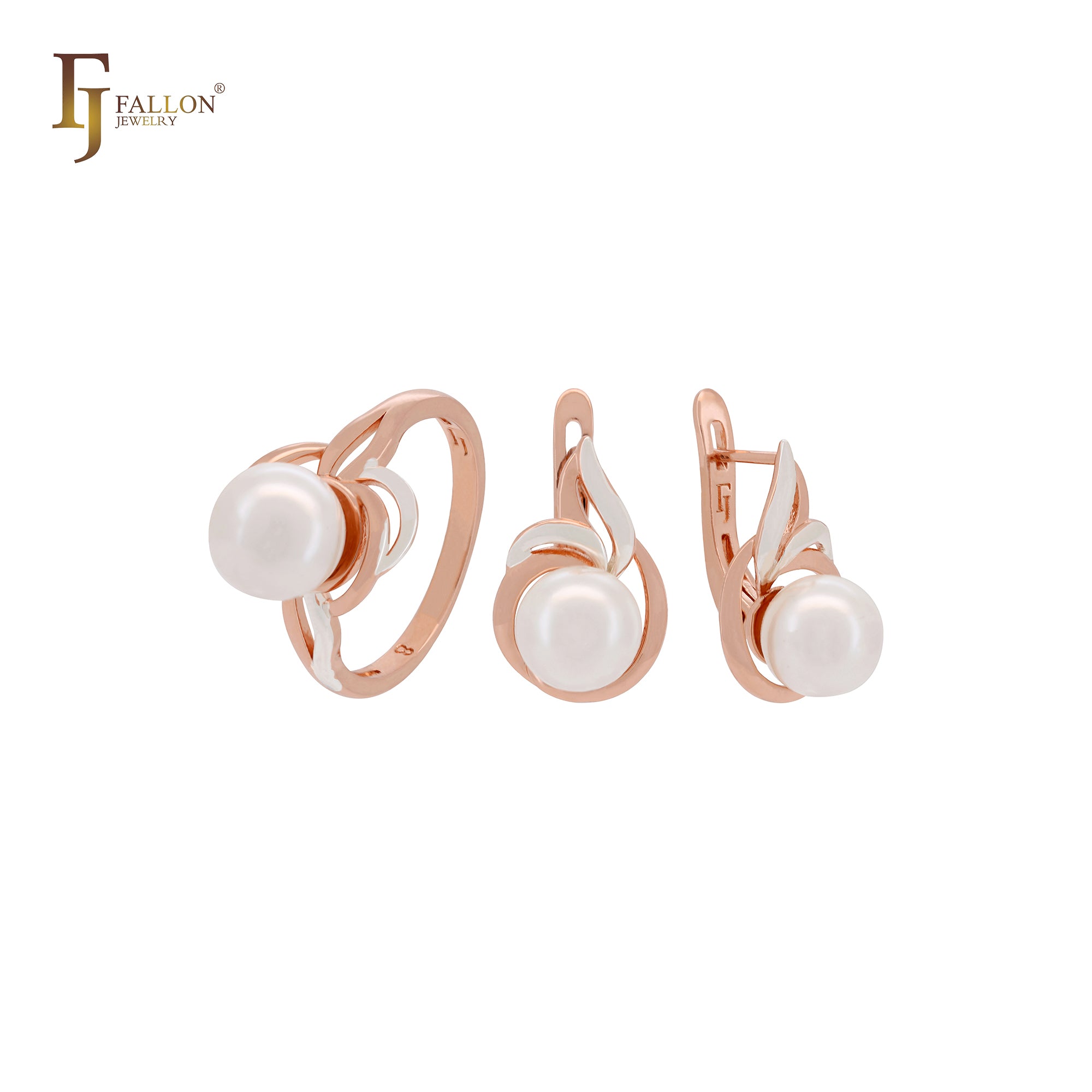 Elegant round pearl Rose Gold two tone Fashion Jewelry Set with Rings