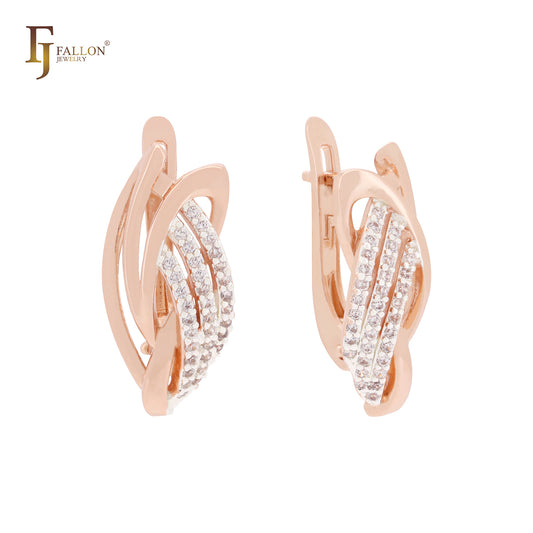 Triple white CZs layers interlocking geometric Rose Gold two tone Clip-On Earrings