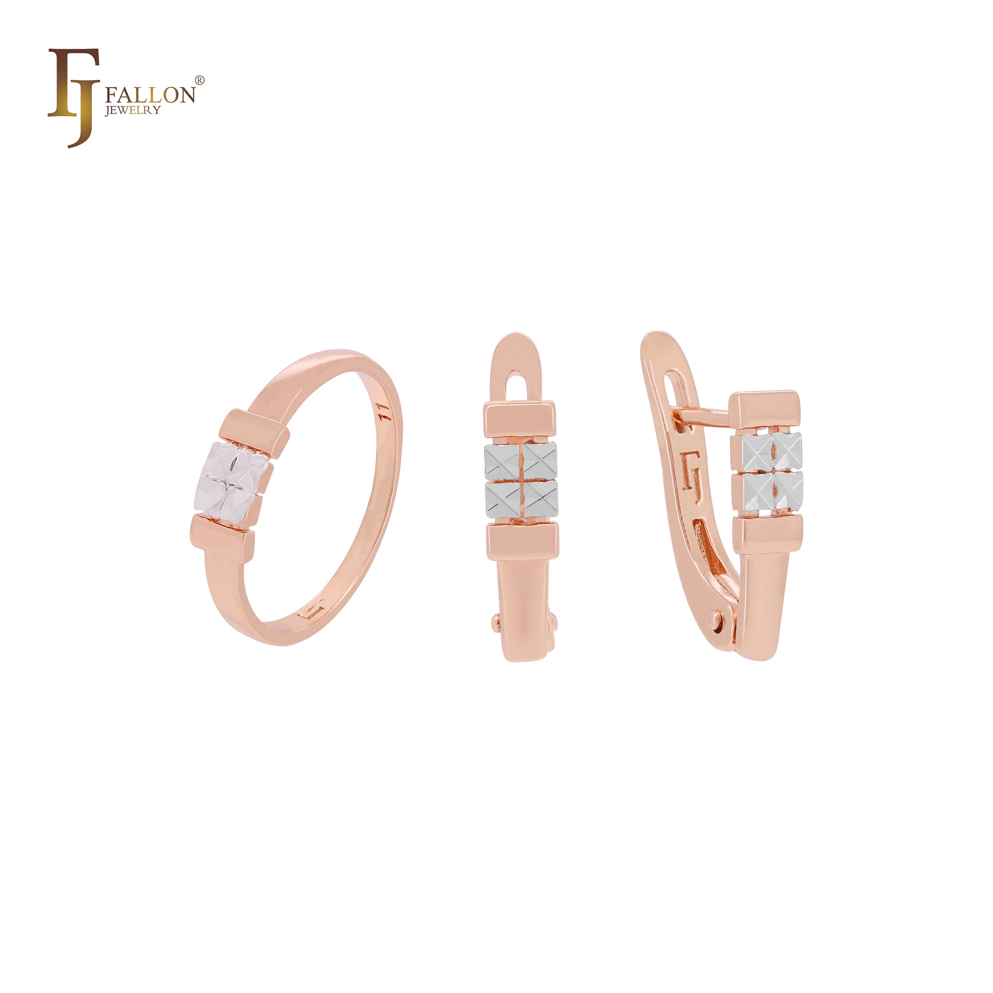 Minimalism four crossing rhombus square Rose Gold two tone Jewelry Set with Rings