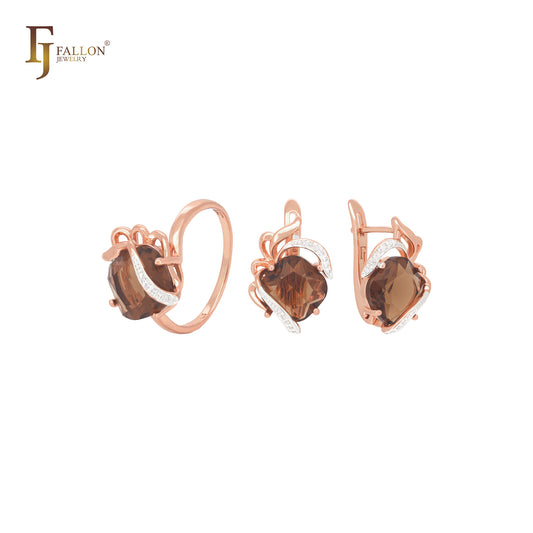 Elegant flower embracing cushion cut big solitaire CZ coffee Rose Gold Jewelry Set with Rings