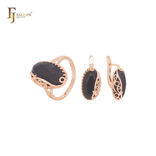 Great giant black oval cut Rose Gold Jewelry Set with Rings