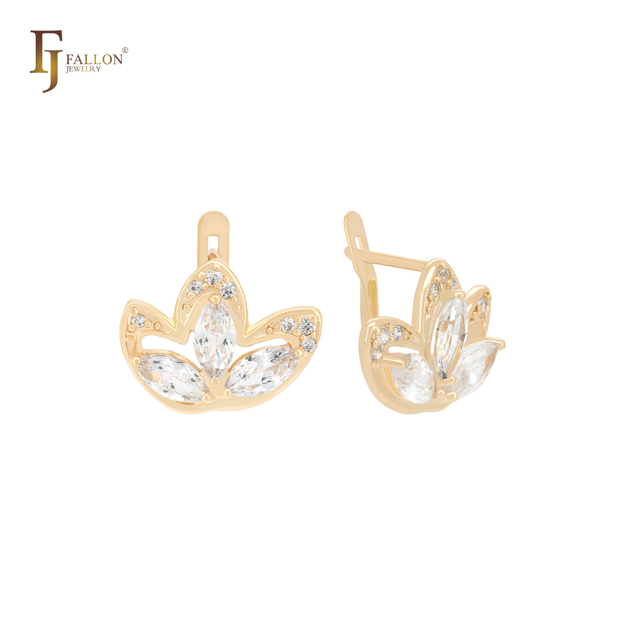 Lotus flower shaped white CZs 14K Gold Clip-On Earrings