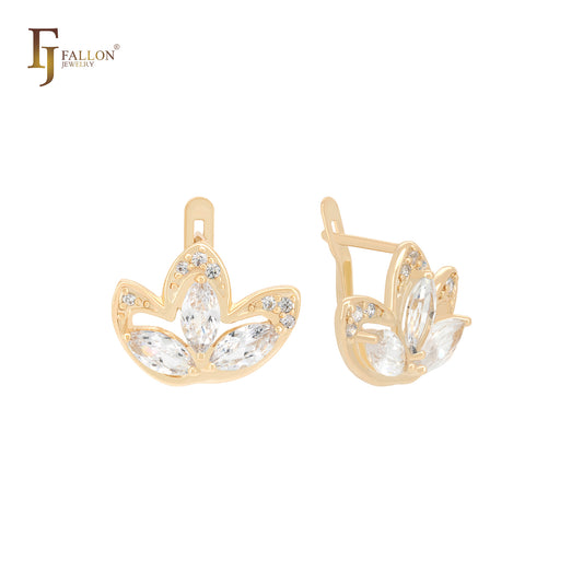 Lotus flower shaped white CZs 14K Gold Clip-On Earrings