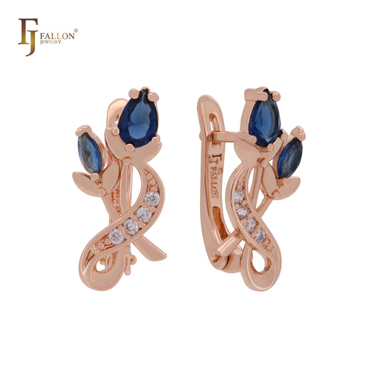 Flower branches of deep blue CZs Rose Gold Clip-On Earrings