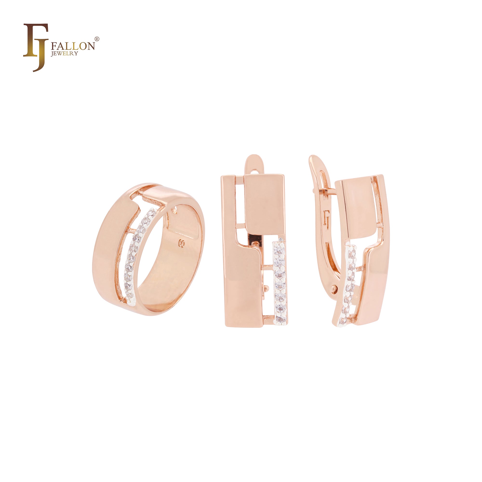 Squared white CZs Rose Gold two tone Jewelry Set with Rings