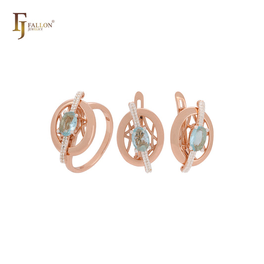 Solitaire lake blue cz ribbon crossing circle Rose Gold two tone Jewelry Set with Rings