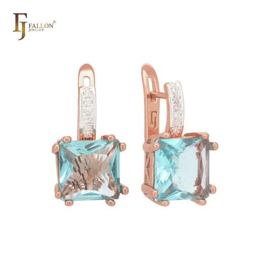 Squared White or blue CZ with paved white CZs band Rose Gold Clip-On Earrings