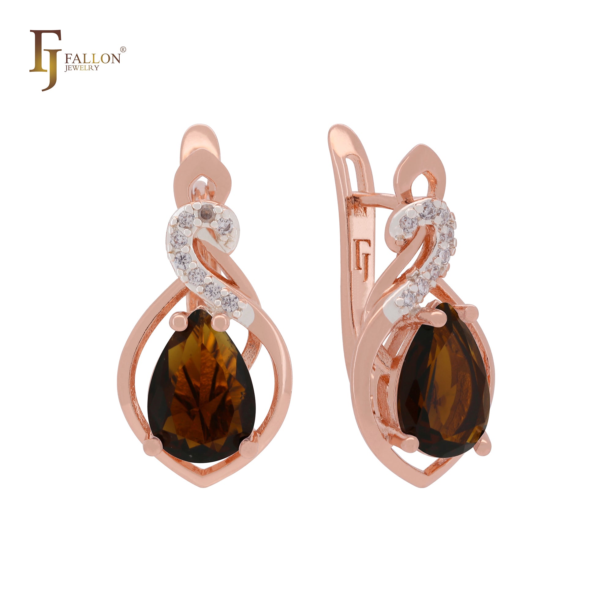 Solitaire pear shape Coffee CZ Rose Gold two tone Clip-On Earrings