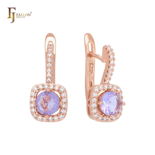 White Czs paved bands with round purple CZ Rose Gold Clip-On Earrings