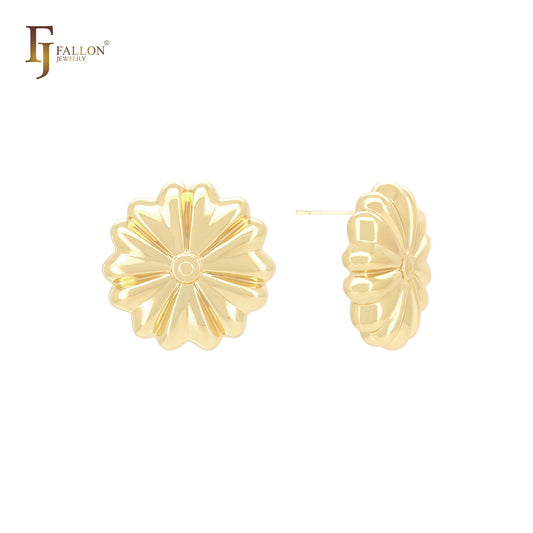 Ribbon flower pillow rounded shaped 14K Gold, Rose Gold, White Gold Stud Earrings