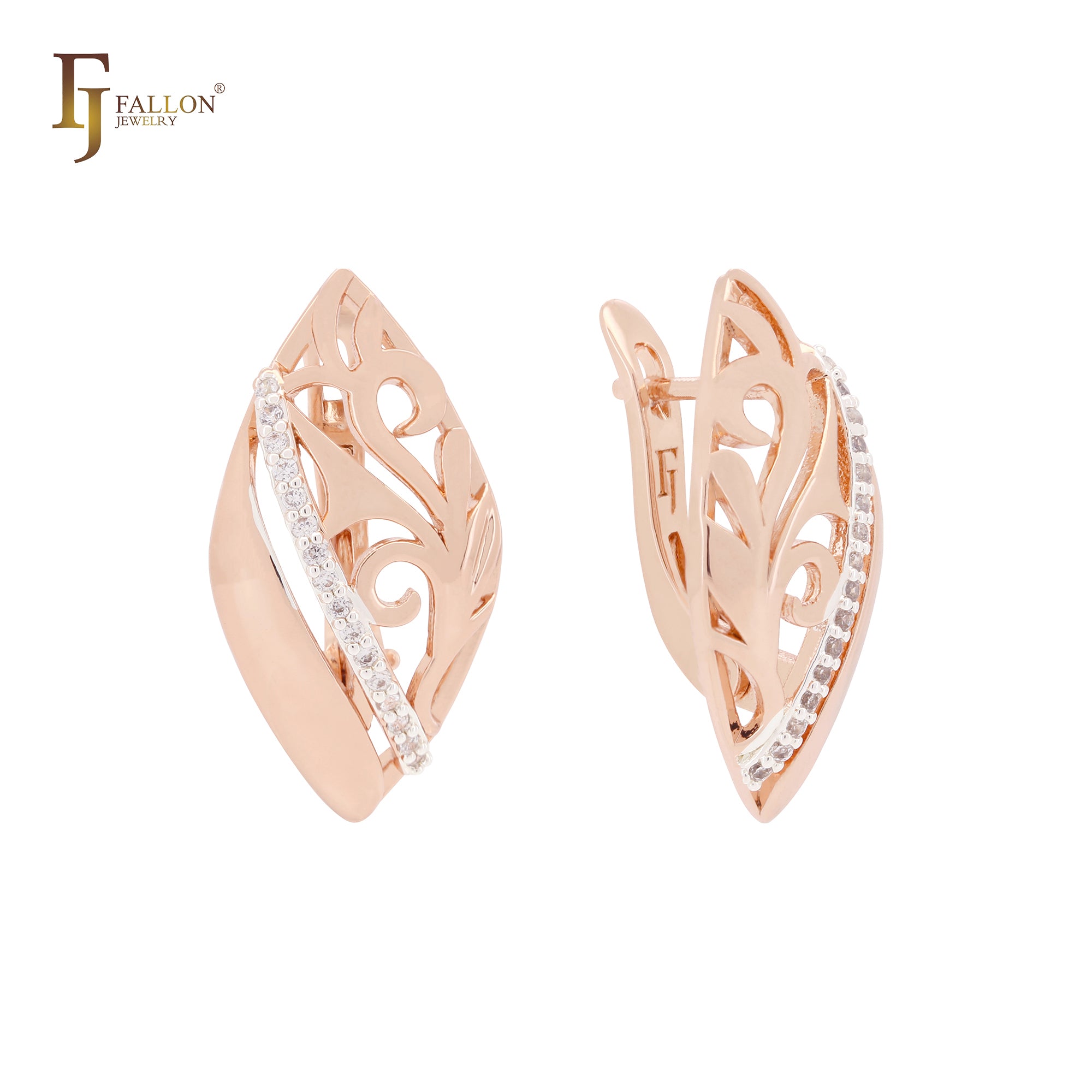 Oval branches of filigree white CZs Rose Gold two tone Clip-On Earrings