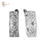 Filigree textured solitaire white CZ Rose Gold, White Gold earrings