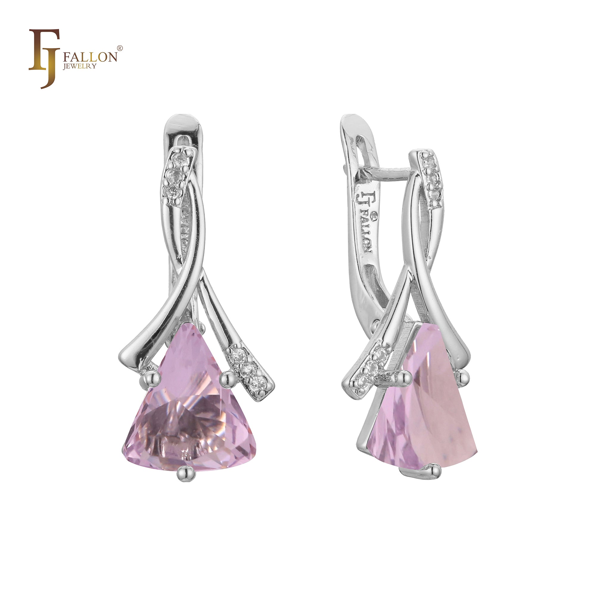 Solitaire elegant triangular colorful CZ 14K Gold, Rose Gold, two tone earrings