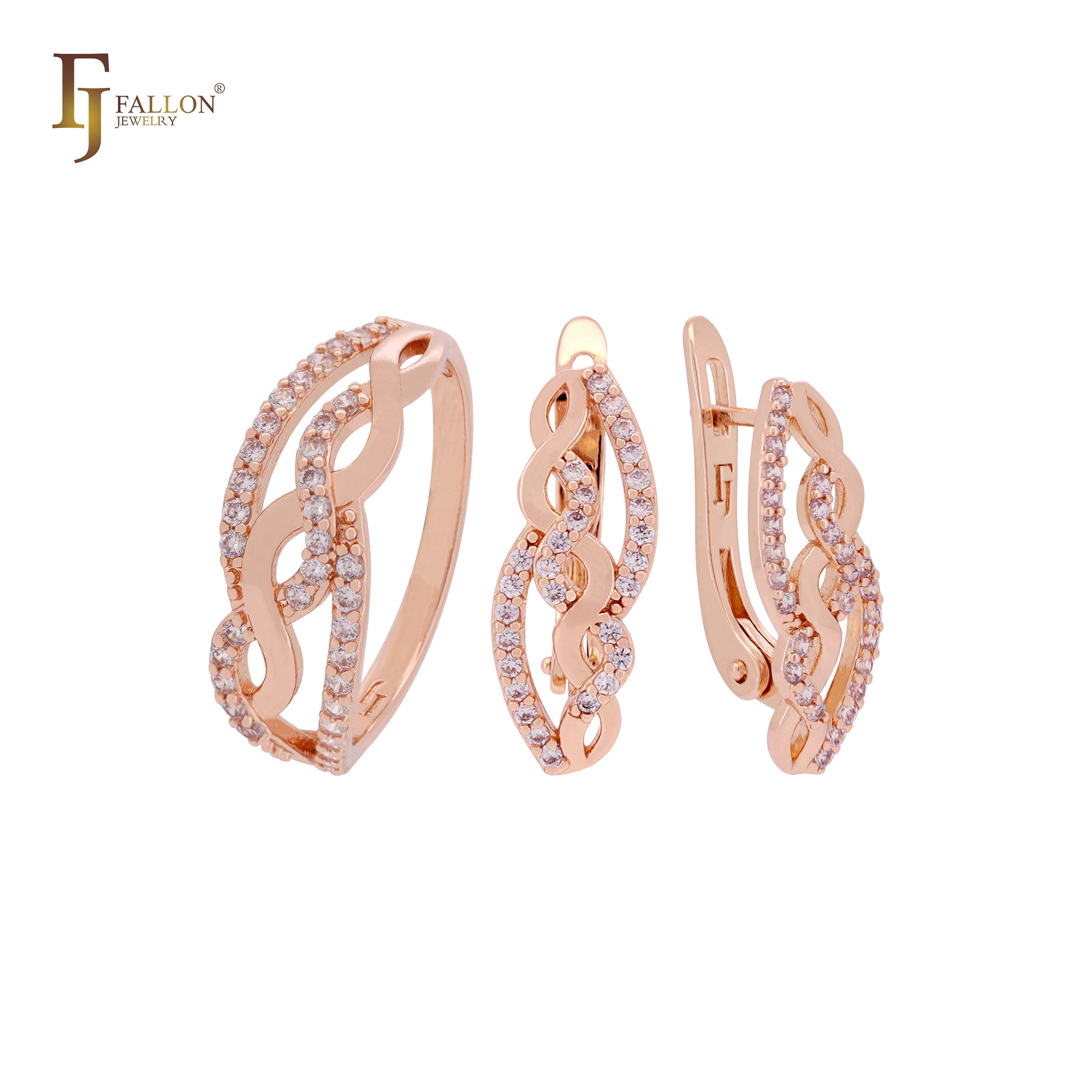 Interlocking crossing ribbonds Rose Gold Jewelry Set with Rings