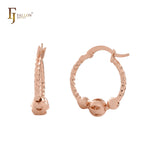 Hollow Beads rhombus textured 14K Gold, Rose Gold Hoop Earrings