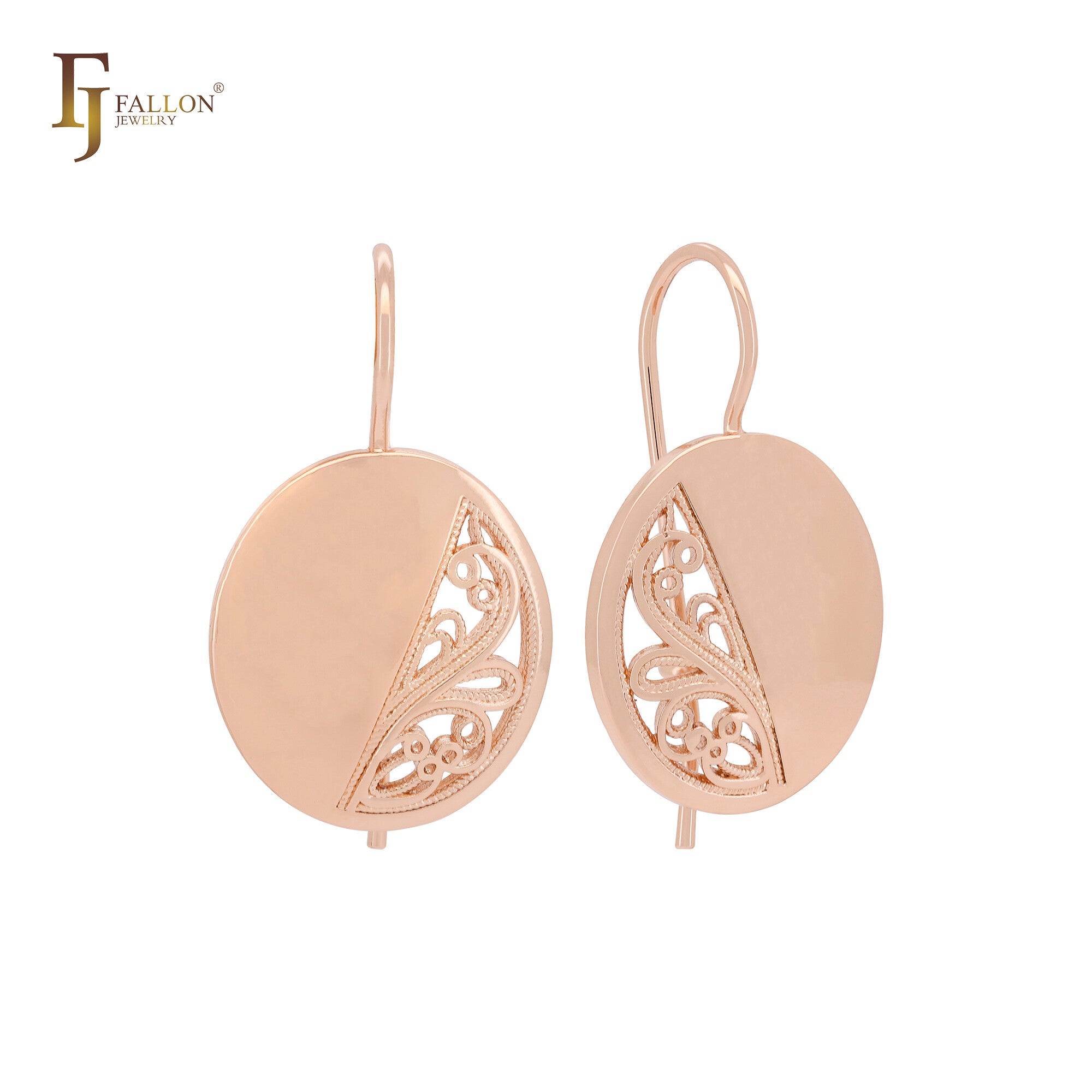 Oval circle of half filigree Rose Gold Wire Hook Earrings