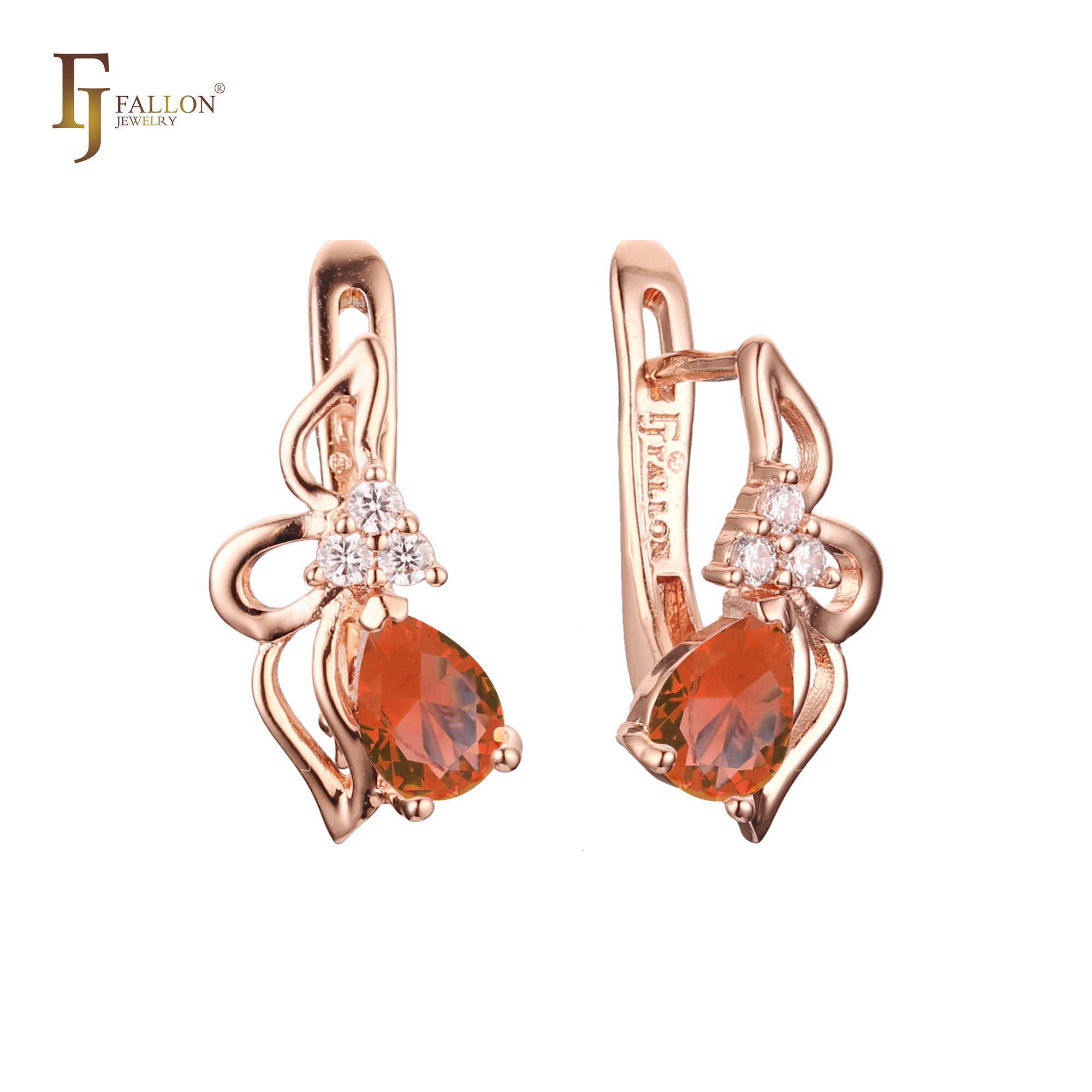 Elegant flower and leaves solitaire colorful CZ Rose Gold earrings