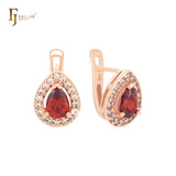 Teardrop shaped halo red cz Rose Gold Clip-On Earrings