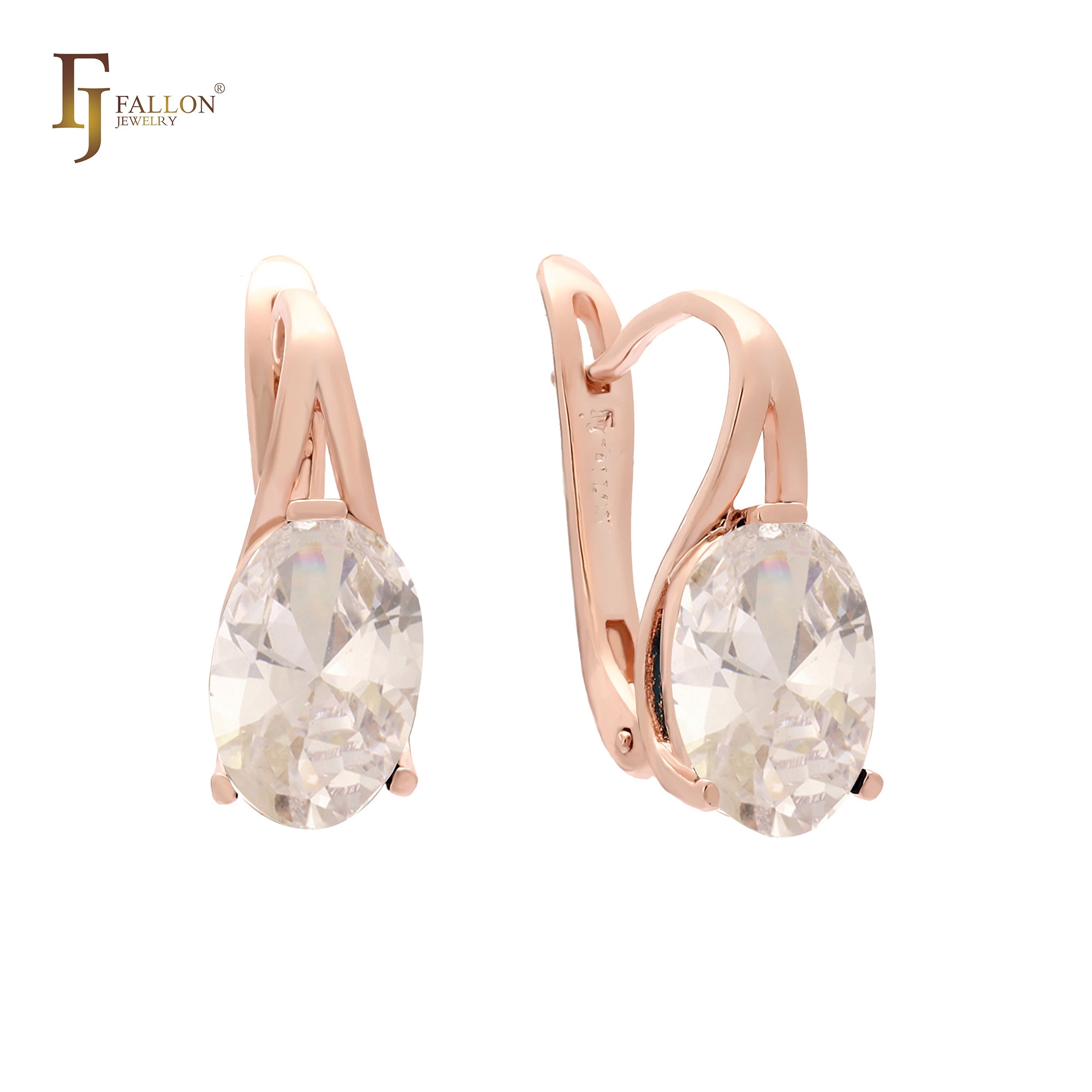 Solitaire big oval CZ Rose Gold, 14K Gold earrings