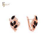 Cluster colorful CZs with leaves Rose Gold earrings