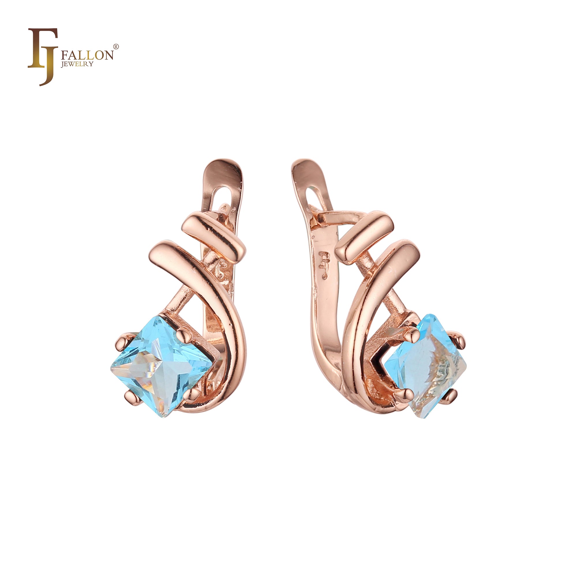 Music tone solitaire squared colorful CZ Rose Gold earrings