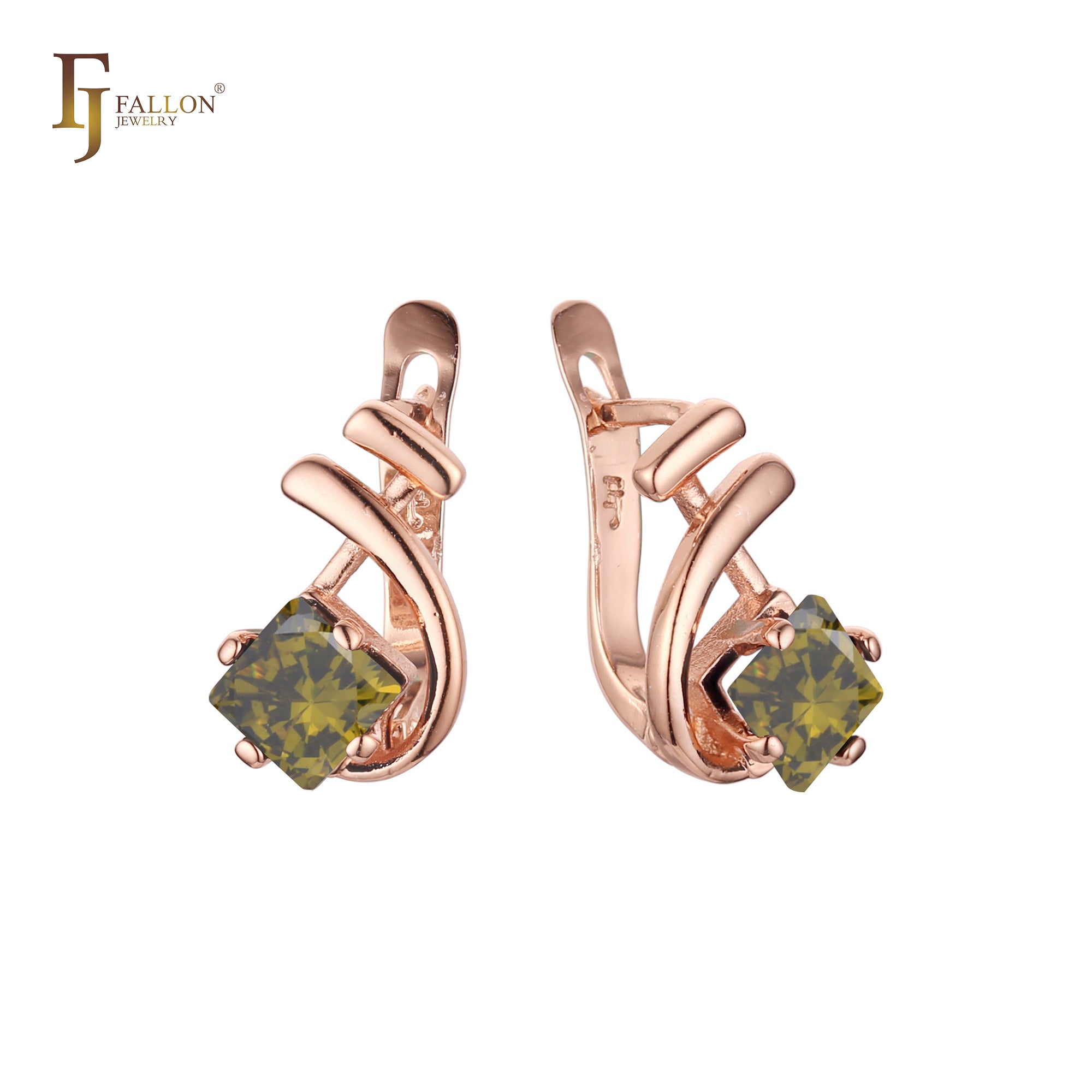 Music tone solitaire squared colorful CZ Rose Gold earrings