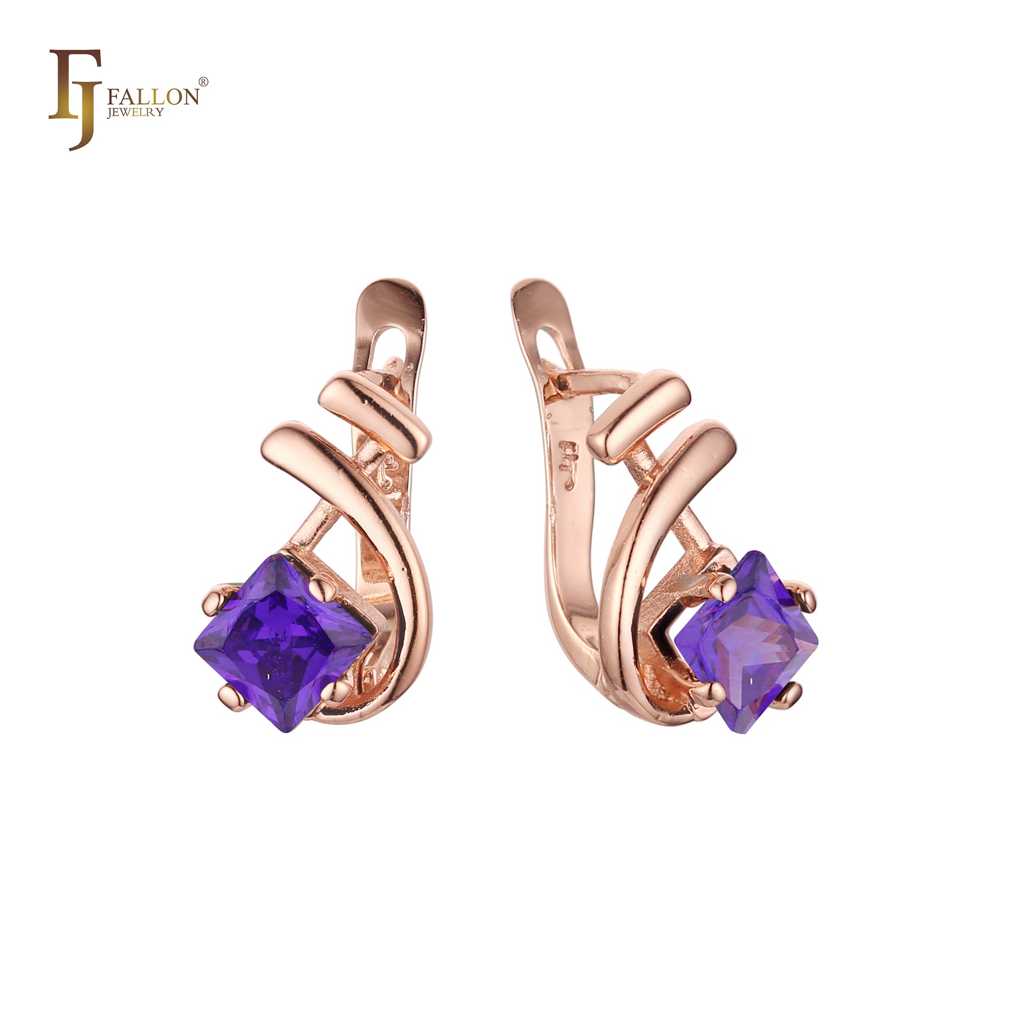 Music tone solitaire squared colorful CZ Rose Gold earrings