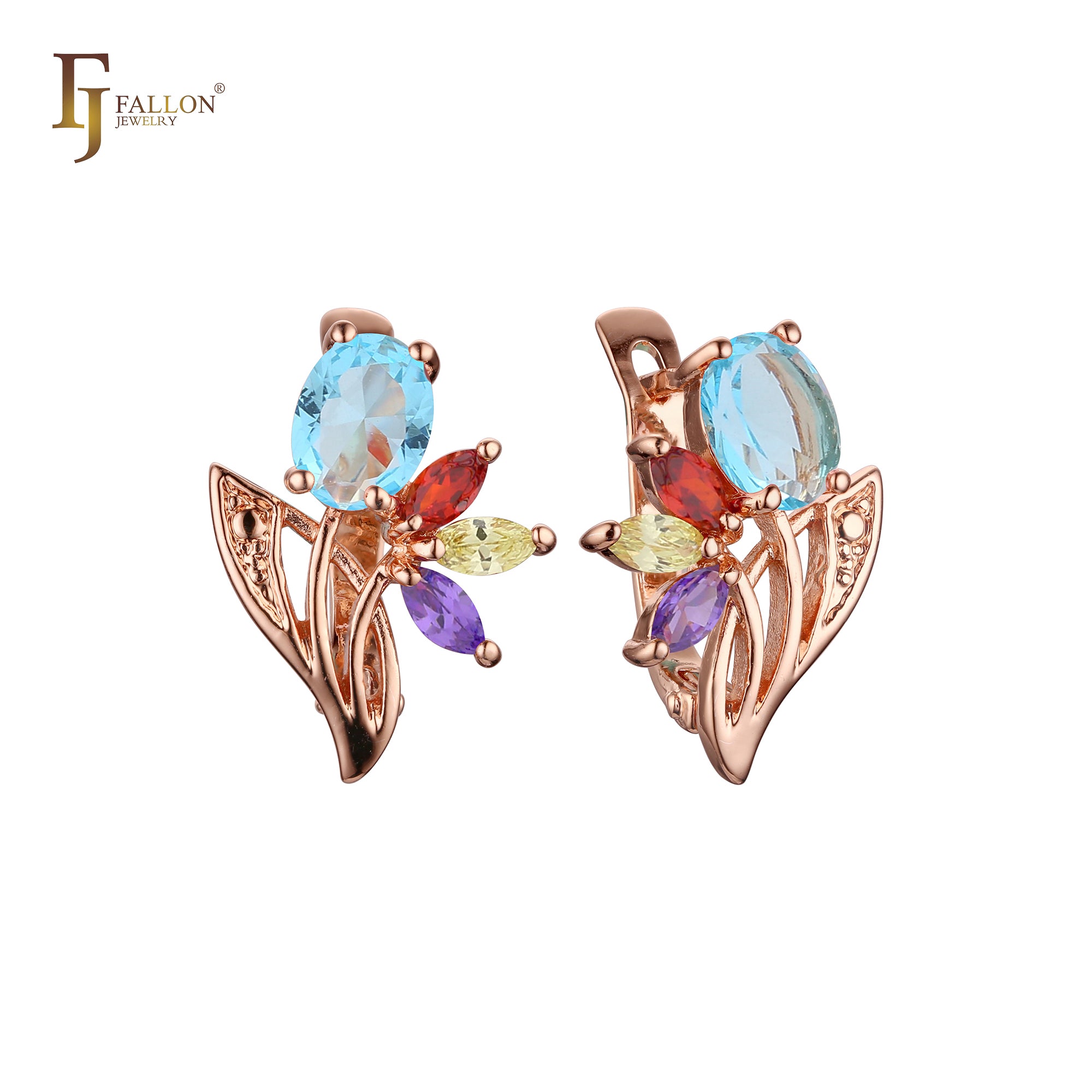 Luxurious cluster colorful CZs flower Rose Gold earrings