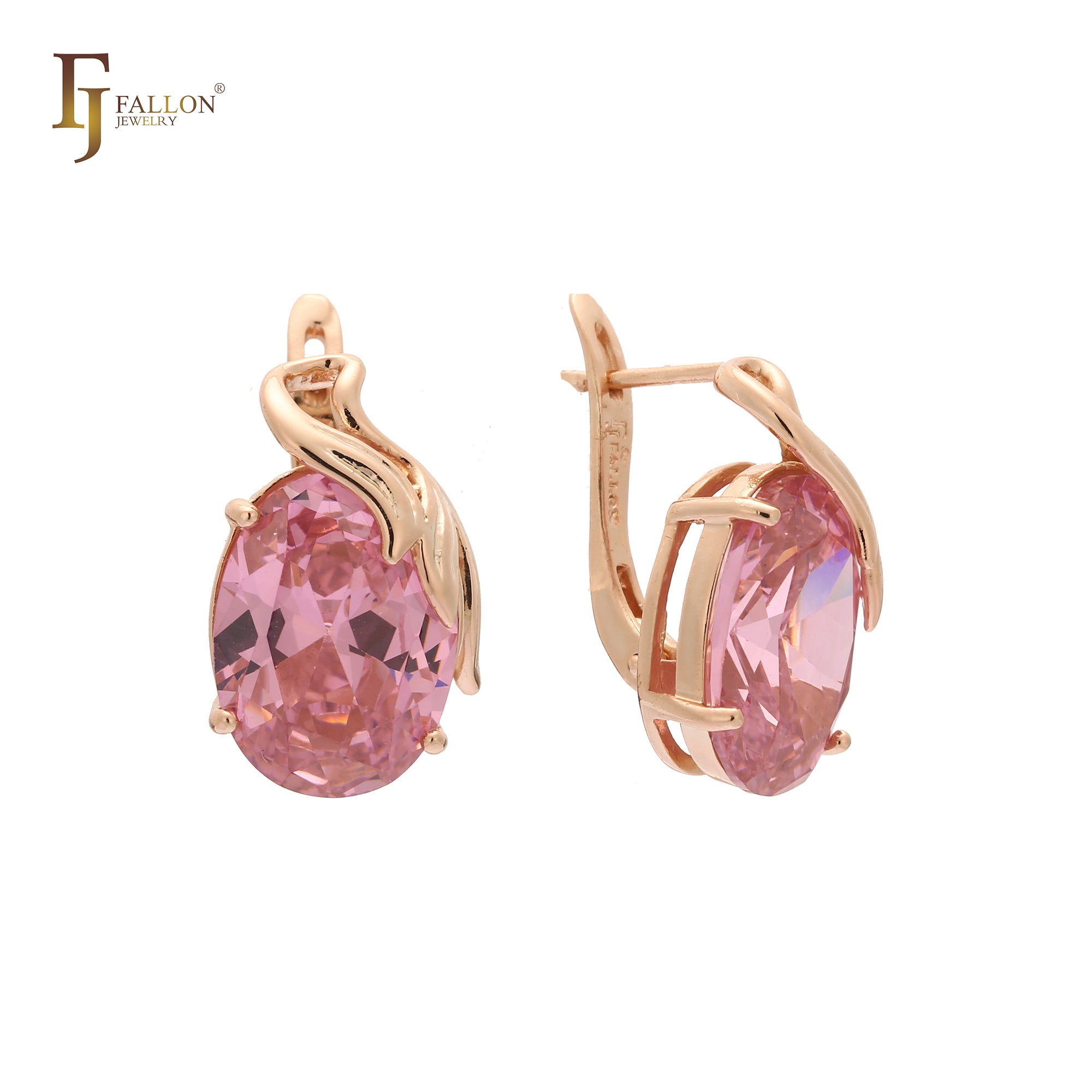 Solitaire big colorful oval CZ ribbon Rose Gold earrings