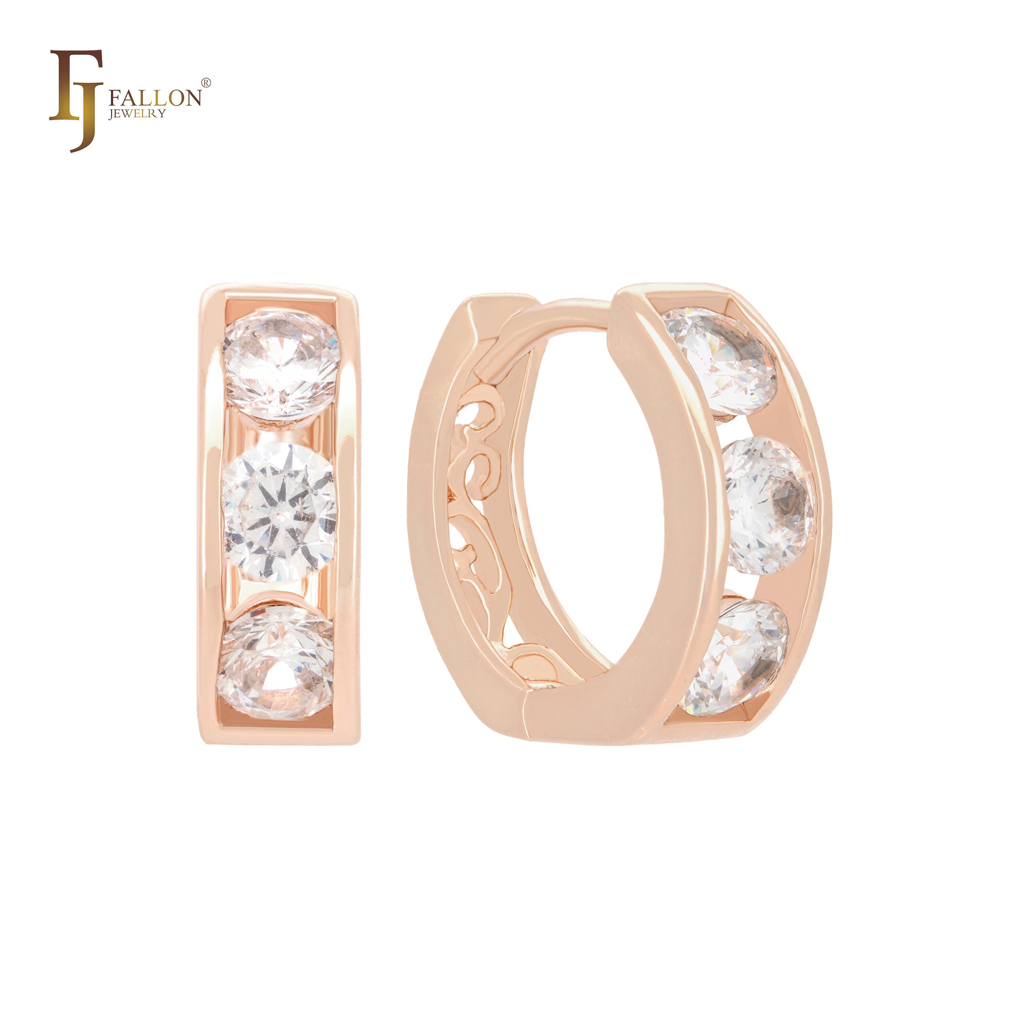 Triple big white rounded CZs 14K Gold, Rose Gold Huggie Earrings