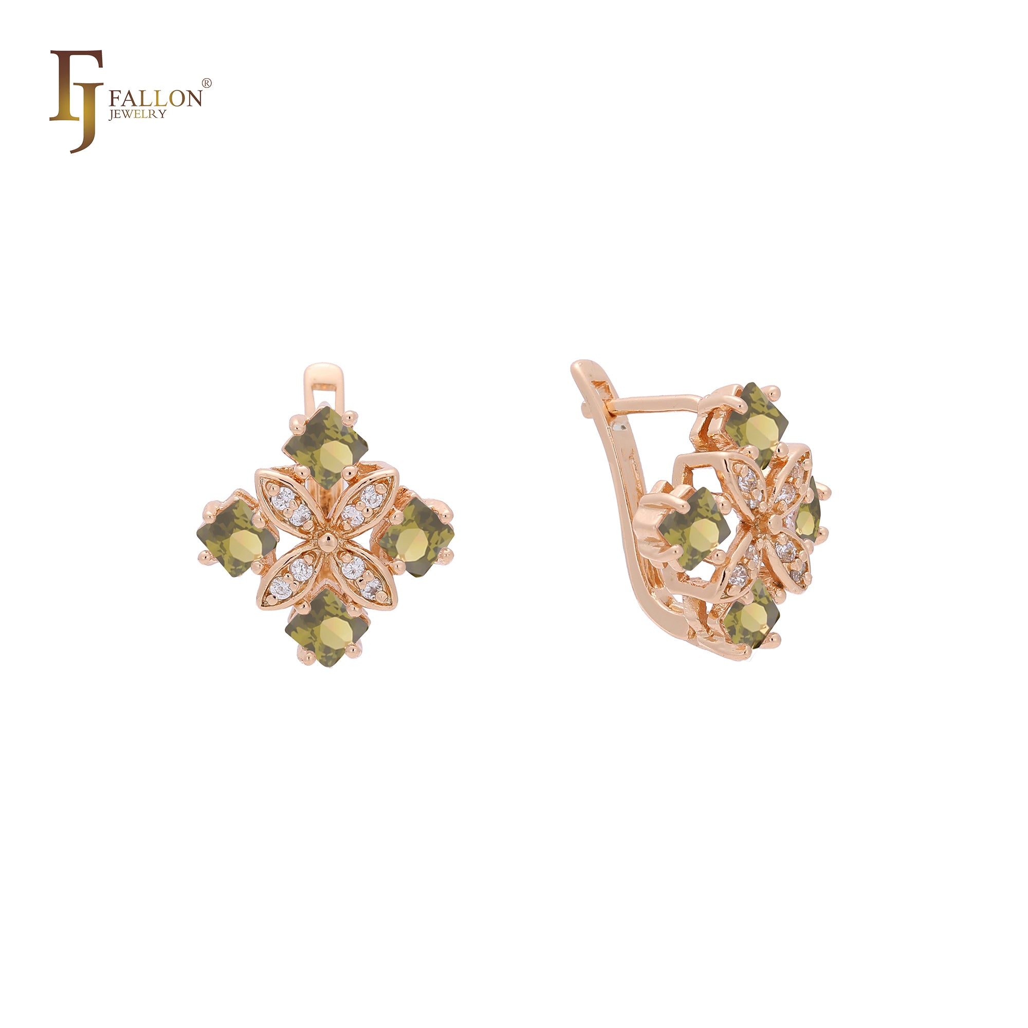 Cluster squared CZs flower Rose Gold, two tone Earrings