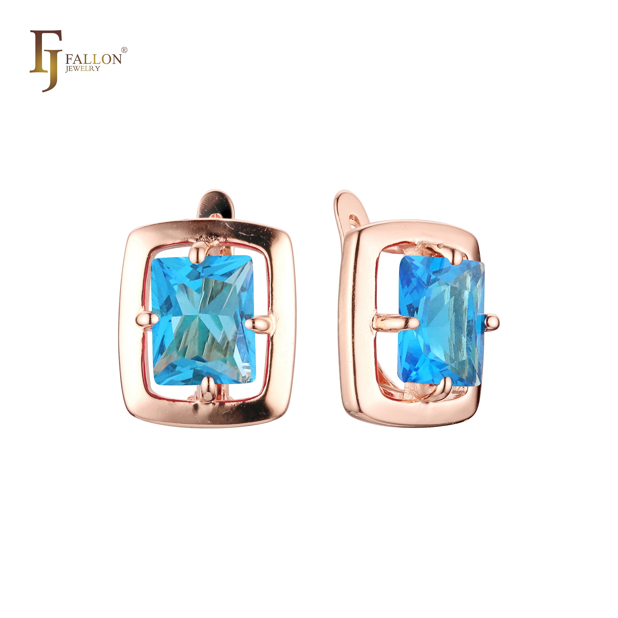 Framed solitaire rectangular big CZ Rose Gold earrings