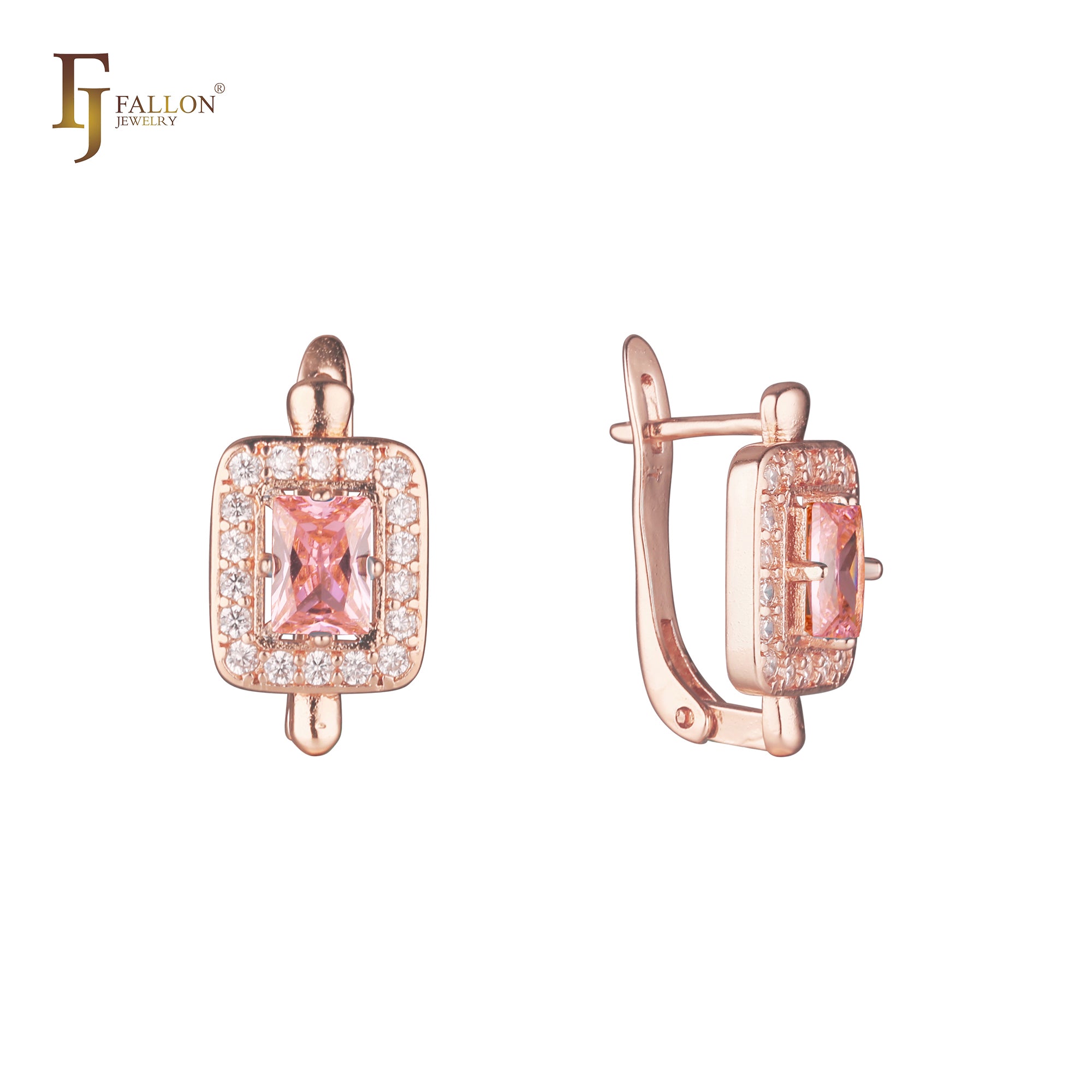 Elegant Rectangular Halo cluster CZs Rose Gold earrings