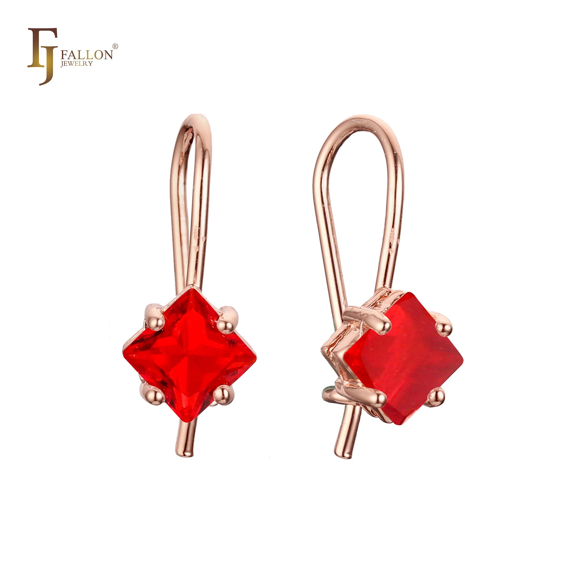 Solitaire squared CZ wire hook earrings in 14K Gold, Rose Gold, plating colors